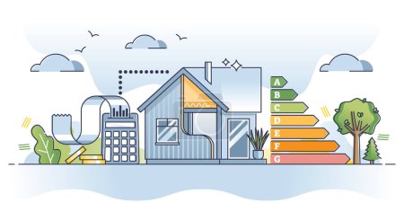 Ilustración de Cálculos de SAP como procedimiento estándar de evaluación para diagrama de contorno de casa. Medición de la eficiencia del edificio con nivel de certificación para la ecología e ilustración de vectores de control de emisiones sostenibles. - Imagen libre de derechos