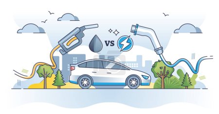 Illustration for Gasoline vs electric car with fossil oil or charged motor outline concept. Nature friendly or pollution choice for transportation energy source vector illustration. Clean power or petrol dilemma. - Royalty Free Image