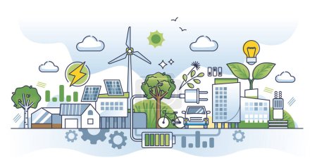 Comunidad urbana sostenible con concepto de esquema energético distribuido verde. Ciudad ecológica limpia y ambiental con electricidad inteligente, iluminación y uso de infraestructura iot vector ilustración.