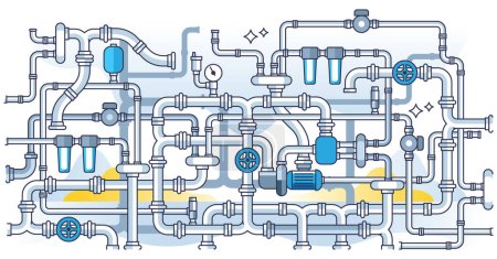 Illustration for Water piping system with seamless pipes or tubes connections outline concept. Technical complex plumbing construction maze for drainage, faucet or sewerage with pressure valves vector illustration. - Royalty Free Image