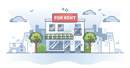 Illustration for Commercial property for rent or new business place location outline concept. Real estate opportunity and commercial sign on roof vector illustration. Budget house offer from broker to relocate company - Royalty Free Image