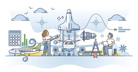 Illustration for Aerospace engineering with aviation knowledge specialty outline concept. Technical education for airplane, space shuttle or jet turbines performance vector illustration. Mechanical work occupation. - Royalty Free Image