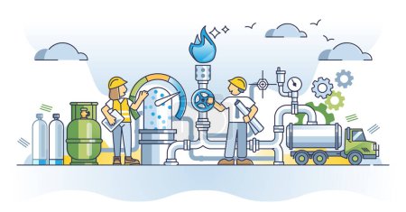 Illustration for Gas engineering and work with natural resource storage station outline concept. Professional industrial knowledge about pipeline facility inspection, maintenance or construction vector illustration - Royalty Free Image