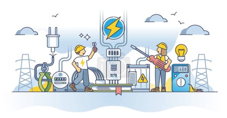 Illustration for Electrical engineer occupation with high voltage specialty outline concept. Profession with electricity knowledge, development and technical systems vector illustration. Learning power industry. - Royalty Free Image