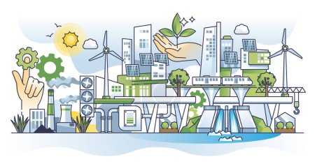 Illustration for Green new deal resolution with sustainable EU policy program outline concept. Renewable power resource usage, CO2 capture or nature friendly urban environment vector illustration. Ecological agreement - Royalty Free Image