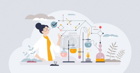 Illustration for Chemical engineer profession with chemistry field work tiny person concept. Laboratory with female scientist experiment job to research new drugs, pills or material characteristics vector illustration - Royalty Free Image