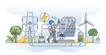 Illustration for Electrical engineer occupation for electricity maintenance or voltage power line problem solving outline concept. Technician knowledge and education about electrical facilities vector illustration. - Royalty Free Image
