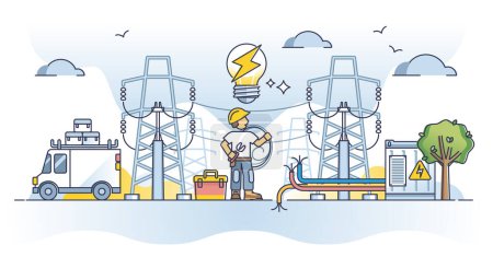 Illustration for Electrical engineer occupation for electricity maintenance or voltage power line problem solving outline concept. Technician knowledge and education about electrical facilities vector illustration. - Royalty Free Image