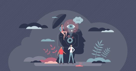 Illustration for Inner mental intelligence with open minded thinking tiny person concept. Visionary skills and knowledge visualization vector illustration. Empathy and psychological judgment skills. Logic education. - Royalty Free Image