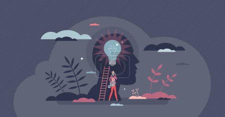 Illustration for Inner mental intelligence and creative new idea thinking tiny person concept. Innovative inspiration and logic skilled intellect with ability for brainstorming and breakthrough vector illustration. - Royalty Free Image