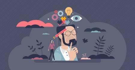 Inner mental intelligence with logic idea thinking tiny person concept. Open minded male with skill and ability to think innovative thoughts vector illustration. Education and knowledge visualization.