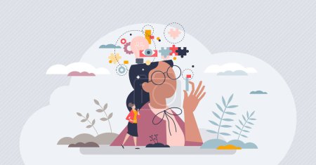 Illustration for Inner mental intelligence and logic process visualization tiny person concept. Mind thinking and creative thoughts awareness vector illustration. Intellectual brain skills for human ability to think. - Royalty Free Image