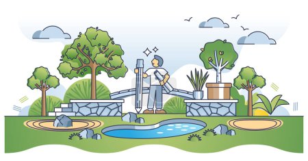 Illustration for Landscape architect and aesthetic park creation occupation outline concept. Nature scenery drawing with botanical plants, trees and ponds for beautiful parks vector illustration. Landscaping work. - Royalty Free Image