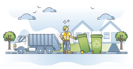 Müllabfuhr und Mülltonnenentleerung skizzieren das Konzept. Arbeiten mit städtischen Muldenkippern und Entsorgungsfahrzeugen. Müllentsorgung und schmutzige Müllentsorgung.