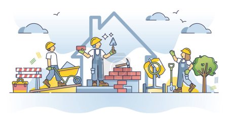 Labourer occupation and work with building house tasks outline concept. Professional builders job and house renovation services vector illustration. Workforce team with handyman characters group.