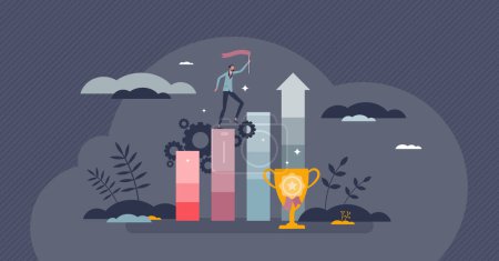 Illustration for Achievement performance and successful growth progress tiny person concept. Company sales and profit boost with increased development vector illustration. Efficiency rise with great company leadership - Royalty Free Image