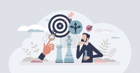 Illustration for Strategic management or future company goal planning tiny person concept. Smart challenge solution with precise decisions or situation analysis vector illustration. Successful professional performance - Royalty Free Image
