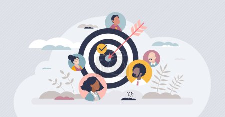 Illustration for Target customer group and marketing activity audience tiny person concept. Advertising project with precise communication and social focus accuracy vector illustration. Aim to niche client engagement. - Royalty Free Image