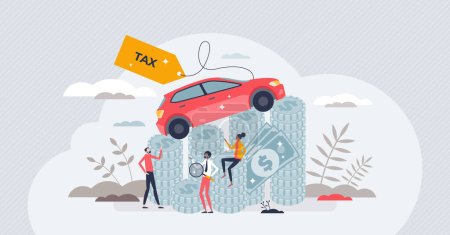 Illustration for Cars tax as financial annual payment for road taxation tiny person concept. High expenses for vehicle ownership and usage vector illustration. Money stack with driving automobile as expensive fee. - Royalty Free Image