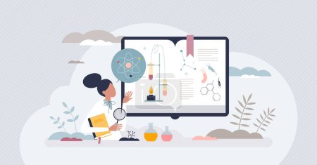 Illustration for Education of the biology and chemistry as university nature science tiny person concept. Chemical reactions knowledge learning with living organisms or microscopic element research vector illustration - Royalty Free Image