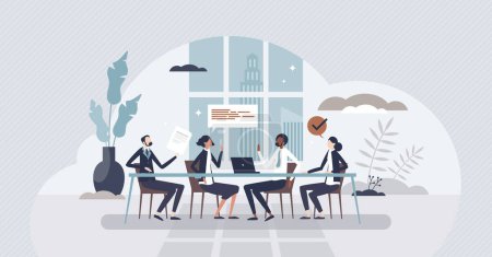 Illustration for Board of directors in office with CEO business leaders tiny person concept. Meeting with company executive and colleagues vector illustration. Professional communication in cooperative boardroom. - Royalty Free Image