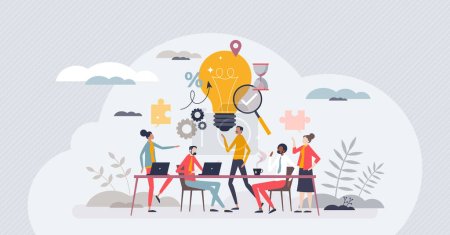 Illustration for Brainstorming office team with new idea generating process tiny person concept. Creative and innovative marketing discussion and conversation vector illustration. Planning collaboration in workplace. - Royalty Free Image
