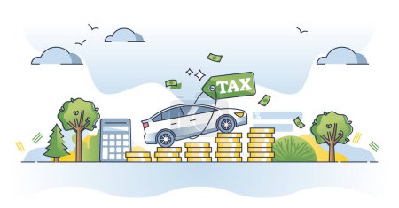 Illustration for Cars tax growth and expensive financial vehicle payments outline concept. Taxes calculation and annual road fee budget vector illustration. Transportation property bill with loan service interest. - Royalty Free Image