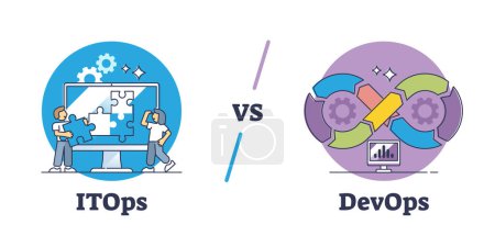 Ilustración de ITOps vs DevOps Enfoque de proceso de TI diagrama de esquema de comparación de estrategia. Software educativo etiquetado que ofrece y mantiene servicios para ejecutar ilustración vectorial de negocios. Sistemas de red de trabajo. - Imagen libre de derechos
