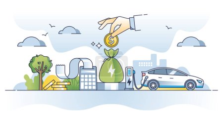EV tax and electric vehicle purchase support from government outline concept. Financial payment for sustainable, green and renewable power consumption choice vector illustration. Hybrid cost benefits.