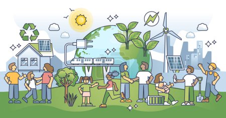 Sustainable ecosystem community in nature friendly city outline concept. Society with environmental and ecological lifestyle to protect planet and save future generation resources vector illustration.