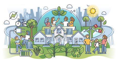 Nachhaltige Ökosystemgemeinschaft und autarke Lebensformen skizzieren das Konzept. Urbane Stadt mit Smart-House-Wohngebiet und grünem Energieverbrauch als naturfreundliche Lösungsvektorillustration.
