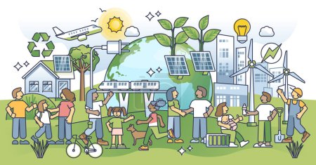 Nachhaltige Ökosystemgemeinschaften, die in einer grünen urbanen Stadt leben, entwerfen ein Konzept. Naturfreundlicher Transport als intelligente Infrastruktur mit Vektordarstellung zum Verbrauch erneuerbarer Energien. Öko-soziales Leben