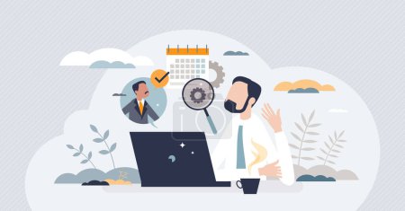 Illustration for Management consulting with effective business time usage tiny person concept. Productive planning advices and organization help vector illustration. Expert knowledge about businessman performance. - Royalty Free Image