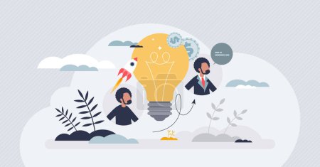 Illustration for Product management career with development work tasks tiny person concept. Professional strategy creation for effective product promotion, sales profit and lifecycle forecasting vector illustration. - Royalty Free Image