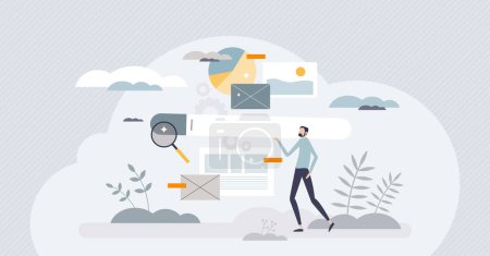 Illustration for UX research or user experience analysis for website tiny person concept. Effective and responsive web page content interface development with user behavior monitoring and adaption vector illustration. - Royalty Free Image