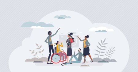 Illustration for Accessibility as ability for movement in public places tiny person concept. Handicap patient support and assistance with wheelchair mobility option vector illustration. Invalid paralysis recovery. - Royalty Free Image