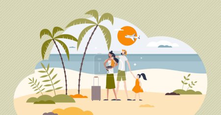 Illustration for Family on vacation and parents with children at tropical beach tiny person concept. Holiday activity to spend quality time together vector illustration. Travel to summer exotic destinations with kids. - Royalty Free Image