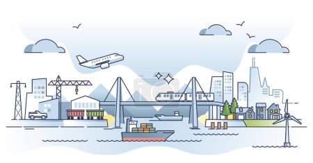 Infrastructure as city transport structures and facilities outline concept. Urban modern town scene with transportation types vector illustration. Dynamic metropolis with plane, truck, ship and train.