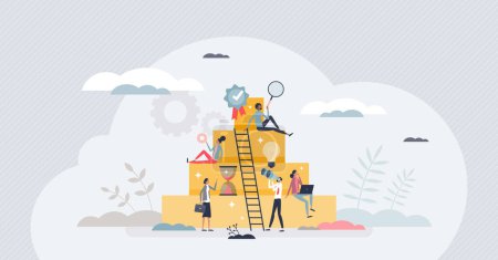 Illustration for Employee talent development and reach work success top tiny person concept. Best performance worker with ambition, growth potential and effective career management vector illustration. Staff teamwork. - Royalty Free Image