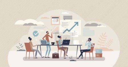 Illustration for Working team and business group teamwork for success project development tiny person concept. Communication in office meeting about company future strategy vector illustration. Partners assistance. - Royalty Free Image