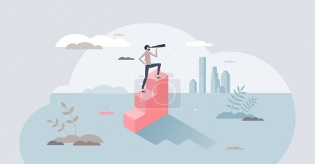Illustration for Leadership vision as businessman looking in future for new goals and challenges tiny person concept. Boss searching for business opportunity and targets vector illustration. Inspirational visionary. - Royalty Free Image