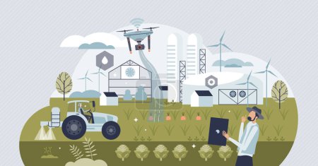 Téléchargez les illustrations : Futur ferme avec robot autonome agriculture surveillance minuscule concept de personne. Récolte intelligente et efficace sur le terrain, arrosage et contrôle du sol avec des drones et illustration vectorielle d'utilisation de haute technologie - en licence libre de droit
