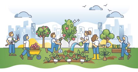 Jardín urbano comunitario y plantas que crecen en el entorno urbano esbozan el concepto. Plantación de hortalizas, flores o árboles en parterres como ilustración vectorial de la actividad social ambiental y sostenible