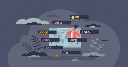 Illustration for Domain name for website internet address extension tiny person concept. WWW hosting service with various names and titles vector illustration. Gov, com, net and org homepage network server types. - Royalty Free Image