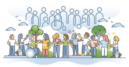 Ilustración de Inclusive diversity with ethnicity, races and cultures outline concept. Equality and unity for all society without discrimination or prejudice vector illustration. Disabled and handicapped integration - Imagen libre de derechos