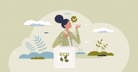Illustration for Eco bag as reusable fabric textile handbag for sustainable shopping tiny person concept. Resources saving lifestyle and ecological thinking to reduce plastic packaging waste vector illustration. - Royalty Free Image