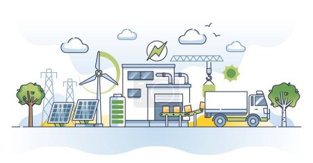Illustration for Sustainable supply chain with nature friendly distribution outline concept. Logistic management from warehouse to shipping considering environmental power and ecological factors vector illustration. - Royalty Free Image