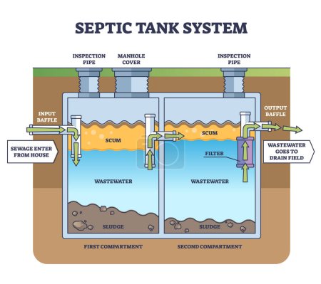 Ilustración de Septic tank system with sewage water collecting and filter outline concept. Labeled educational scheme with scum, wastewater and sludge vector illustration. Underground toilet and sanitation unit. - Imagen libre de derechos