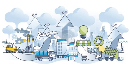 Illustration for Scopes of emissions and CO2 carbon pollution growth outline concept. Direct and indirect dioxide source for company factory and transportation vector illustration. Greenhouse effect on air quality. - Royalty Free Image