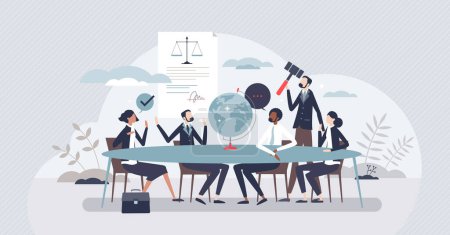Téléchargez les illustrations : Governance and global legal document agreement talk tiny person concept. Justice and honesty in democratic discussion and negotiations vector illustration. Federal institution for law management. - en licence libre de droit